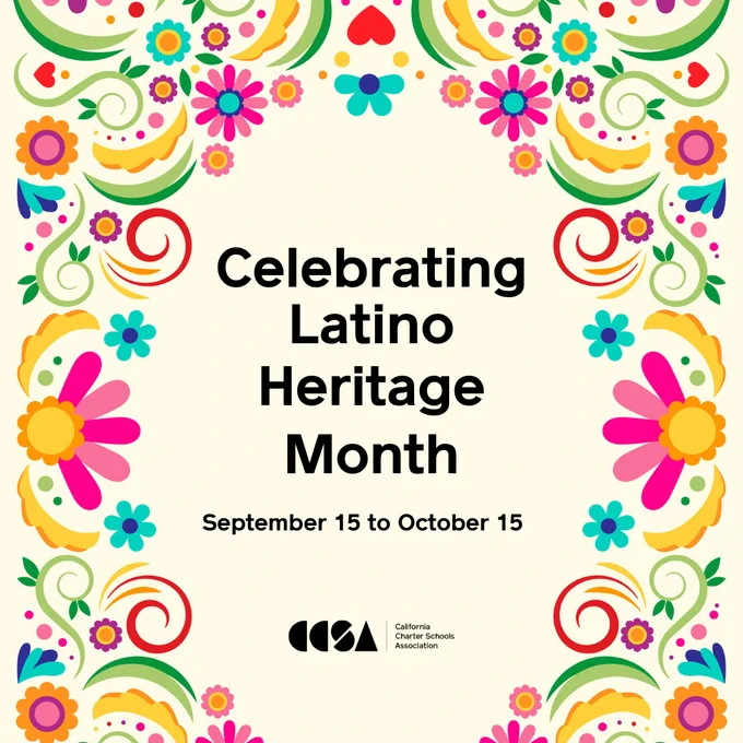 Colorful graphic border with the words: Celebrating Latino Heritage Month September 15 to October 15 CCSA