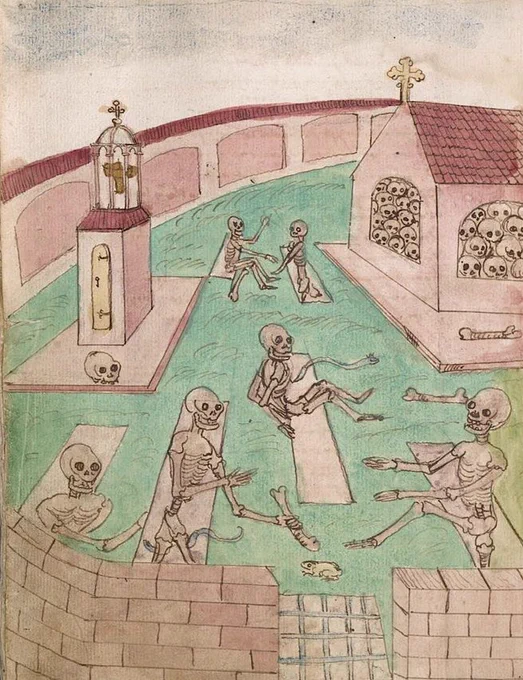 a medieval drawing of a graveyard full of skeletons climbing out of their graves and cheerily greeting one another