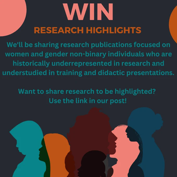 WIN Research Highlights are a new series. We'll be sharing research publications focused on women and gender non-binary individuals who are historically underrepresented in research and understudied in training and didactic presentations. The goal is to disseminate these highlights to inform clinical practice and inspire future research! 

Use the link in the post to share research that can be highlighted in future posts. 