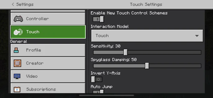 Screenshot of Minecrafts touch settings page. At the top there is a new exciting setting: Enable new touch control schemes