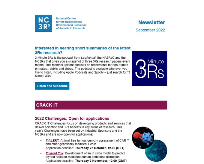A screenshot of the September newsletter from the NC3Rs.