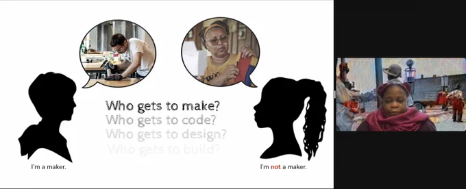 Screenshot with a slide on the left and a black woman with a virtual background on the right