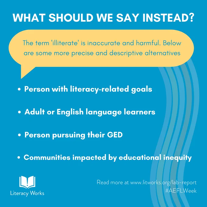 What should we say instead? The term illiterate is inaccurate and harmful. Below are some more precise and descriptive alternatives. Person with literacy related goals. Adult or English language learners. Person pursuing their GED. Communities impacted by educational inequity. Read more at lit works dot org slash lab dash report. Hashtag  A E F L Week.