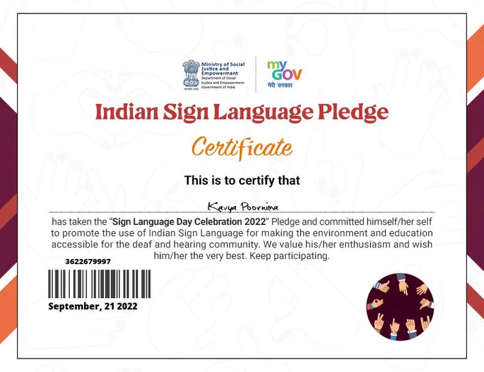 An image of Indian Sign Language Pledge Certificate.