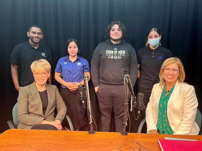 Image of Dr. Solek and podcast guests/crew on the set of Talking Shop with CTECS at Howell Cheney Technical High School.