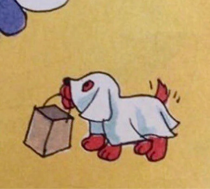 a picture from an old Clifford book. Clifford is much smaller than usual, implying he is baby. he is holding a brown paper bag in his mouth and is covered in a sheet with eye holes. it is obvious he is trick or treating. his tail has action lines around it, indicating he is rather excited for both the tricks and the treats