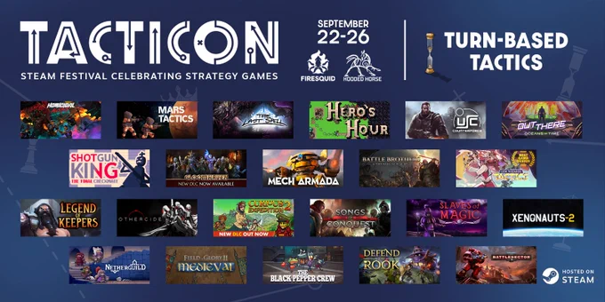 A lot of games images next to the title "Turn based Tactics" with the blue background of TactiCon