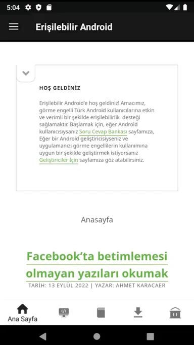Görselde Erişilebilir Android uygulamamızın yer aldığı Google Play içinden bir ekran görüntüsü yer almaktadır. Görüntüde uygulamanın ana ekranı görünüyor.