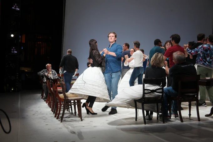 Gordon Bintner, in jeans and a blue collared shirt, waltzes with Aigul Akhmetshina in an early rehearsal for "Eugene Onegin." Photo by Griner