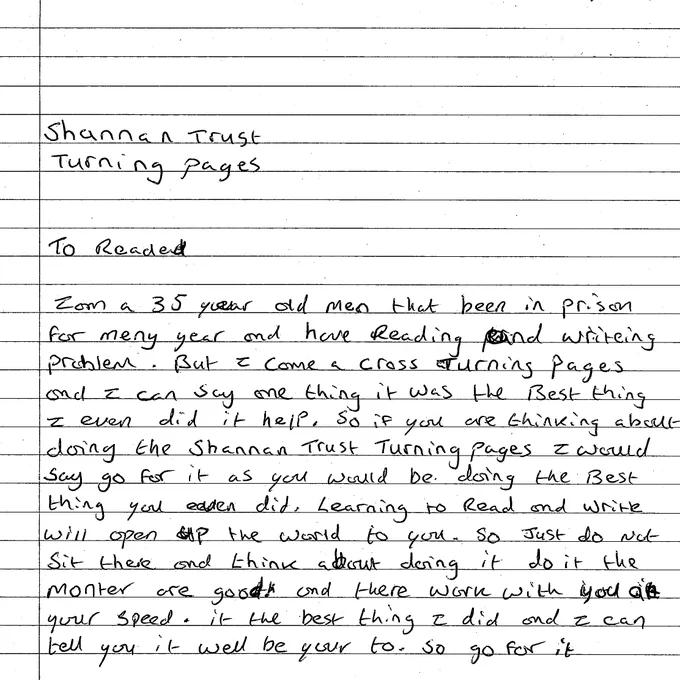 Hand written letter from a Shannon Trust learner