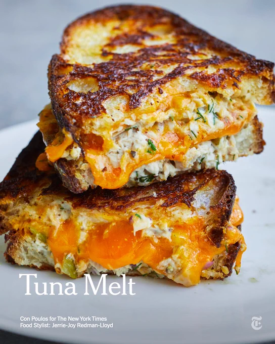 A cheesy tuna sandwich cut in half and stacked. Photo by Con Poulos for The New York Times. Food Stylist: Jerrie-Joy Redman-Lloyd.
