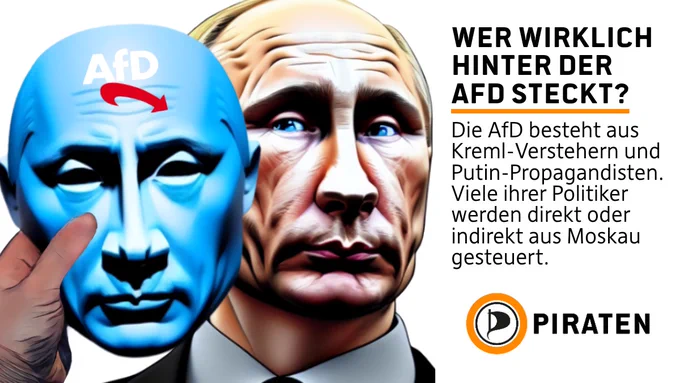 !B Bild: Putin halt blaue AfD-Maske in der Hand; Text: Wer wirklich hinter der AfD steckt? Die AfD besteht aus Kreml-Verstehern und Putin-Propagandisten. Viele ihrer Politiker werden direkt oder indirekt aus Moskau gesteuert.