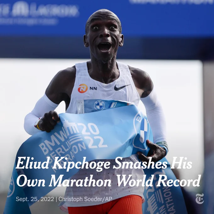 Eliud Kipchoge runs through the finish line at the Berlin Marathon, with a look of astonishment on his face. Headline reads, "Eliud Kipchoge Smashes His Own Marathon World Record." Photo by Christoph Soeder/AP.