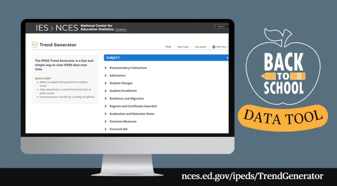 Graphic with IPEDS Trend Generator screengrab left of “Back to School” inside an apple outline with “Data Tool” appearing underneath