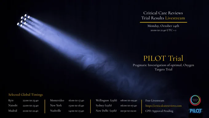 Poster advertising the livestream of the results presentation of the PILOT trial, on Monday, October 24th, at 20:00 UTC 1. This will be hosted by Critical Care Reviews and will be free to watch at https://criticalcarereviews.com