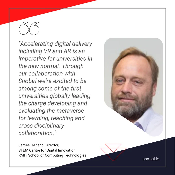 With the pace of tech development there will be an increasing number of people exposed to technologies like #VR and the #metaverse, including young people at school. 👇🏻

#VR also enables the ability to extend the reach of universities and to connect with students across diverse physical locations in new and exciting ways. 

It's why at Snobal we are exciting to be collaborating with and supporting forward thinking universities such as RMIT University and its RMIT STEM Centre for Digital Innovation on this journey, as they seek to fast track #metaverse capabilities, harness opportunities emerging, increase opportunities for students to work with leading edge technologies and provide students with even more flexible options.