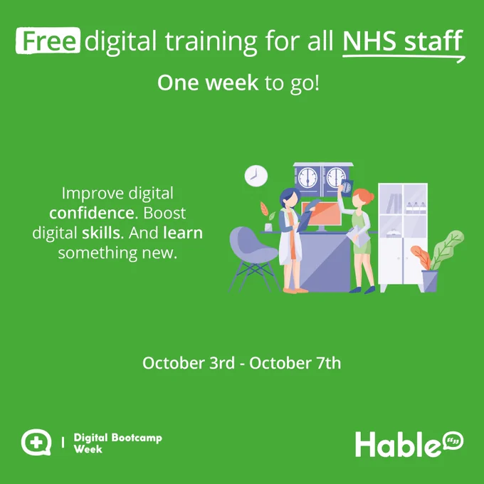 Graphic: green square with medical staff illustration, Hable logo, and details of the upcoming event 