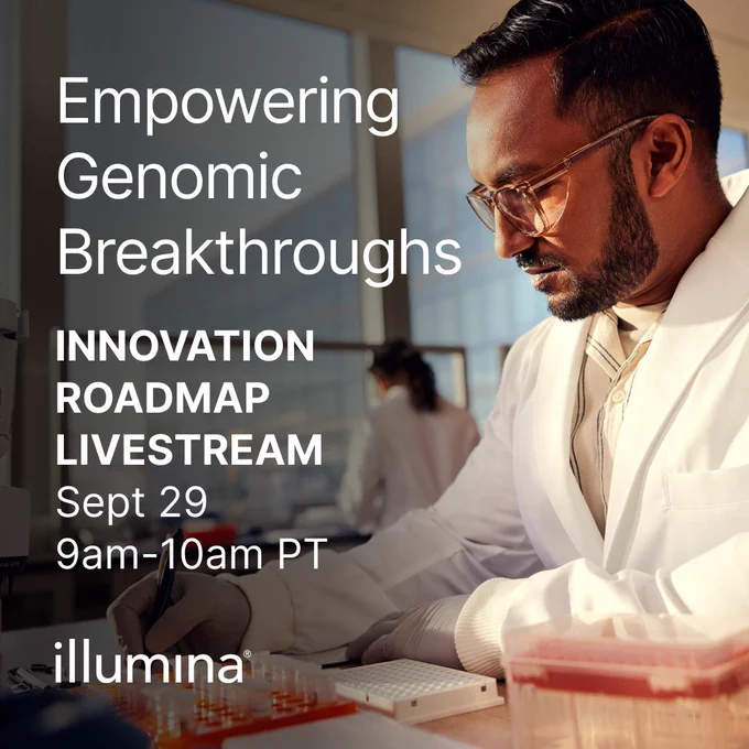 The following text is overlayed on an image of a scientist working at a lab:
Empowering Genomic Breakthroughs
Innovation Roadmap Livestream
Sept 29 9am-10am PT
Illumina