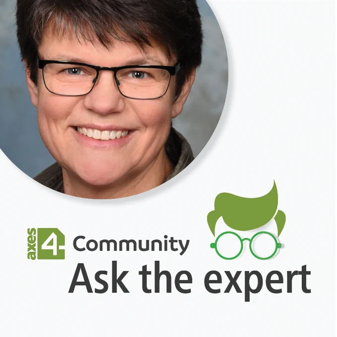 Mittig: das axes4-Logo, daneben steht geschrieben: Community. Darunter in großen Buchstaben: Ask the expert. Über dem Wort "expert" befindet sich ein Icon mit grüner Brille und grünen, kurzen Haaren. Links oben ist ein Foto von Birgit Peböck in einem runden Rahmen.
