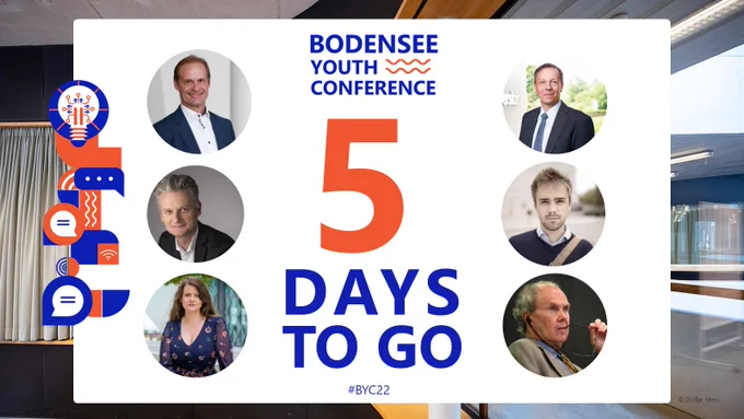 Die Grafik zeigt das Logo der Bodensee Youth Conference und darunter die Wort: 5 days to go und den Hashtag #BYC22.