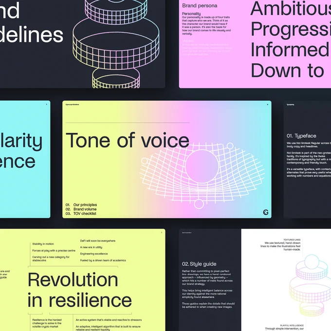 The TOV and strategy pages from our brand guidelines for Gyroscope. 