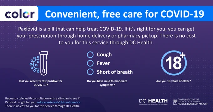 Illustration of test tube with the message,  In partnership with @Color, DC Health is excited to announce its free COVID-19 therapeutics program. Learn more here: https://coronavirus.dc.gov/page/covid-19-therapeutics