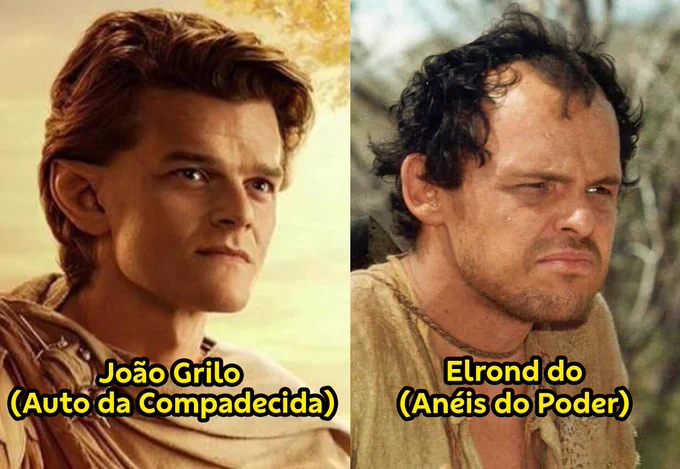 Montagem mostra, lado a lado, uma foto do personagem Elrond (Anéis do Poder) e outra de João Grilo (Auto da Compadecida). A legenda nas imagens mostra os nomes invertidos numa brincadeira com a semelhança entre os atores.