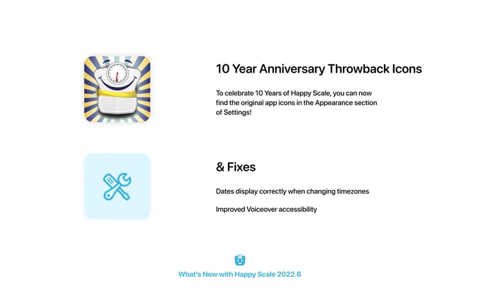 10 Year Anniversary Throwback Icons

To celebrate 10 Years of Happy Scale, you can now find the original app icons in the Appearance section of Settings!

& Fixes

Dates display correctly when changing timezones

Improved Voiceover accessibility
