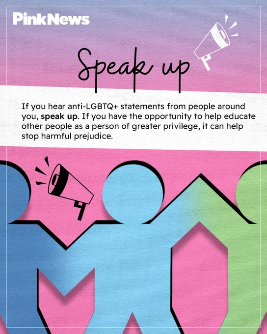 Image shows blue cut out figure beneath a white caption, next to a megaphone emoji. The text reads: 'If you hear anti LGBTQ  statements from people around you, speak up. If you have the opportunity to help educate other people as a person of greater privilege, it can help stop harmful prejudice.'