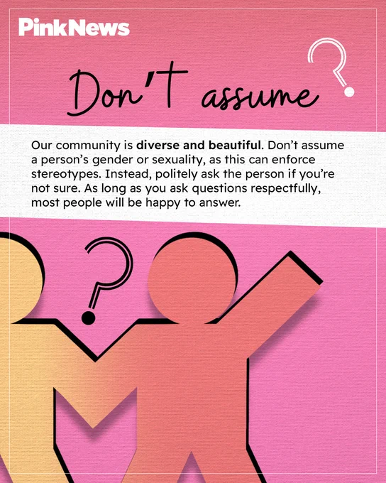 Image shows an orange cut out figure beneath the caption: 'Our community is diverse and beautiful. Don't assume a person's gender or sexuality as this can enforce stereotypes. Instead, politely ask the person if you're not sure. As long as you ask questions respectfully, most people will be happy to answer.'