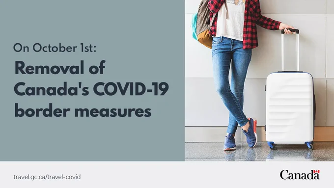 The view of the torso and legs of a traveller with a backpack over their right shoulder, resting their left hand on the handle of a rolling suitcase. The image is overlaid with the words on October 1: removal of Canada's covid nineteen border measures.
