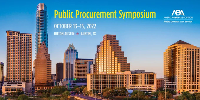 Image for American Bar Association Public Contract Law Section Public Procurement Symposium brochure cover featuring skyline of Austin, Texas. 