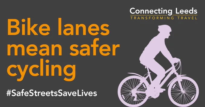 Image of a sihlouette of a cyclist wearing a helmet. Text reads: Cycle Lanes mean safer cycling. 
