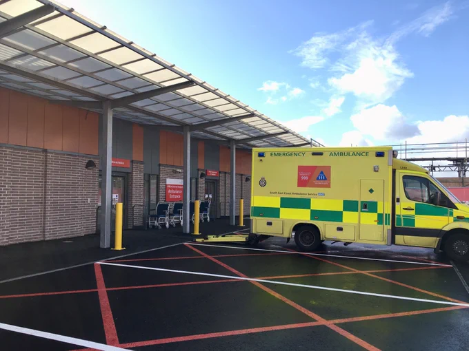 Ambulance outside new extension to William Harvey Emergency Department.