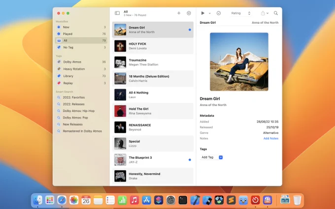 MusicBox on macOS showing the new Dense List layout and customized details pane.
