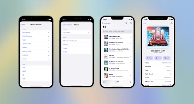 MusicBox screenshots showing some of the new features, including the ability to customize metadata and actions, the new Dense List layout, and the redesigned details screen.