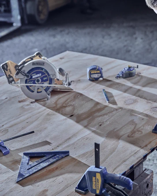 An image showing a family of IRWIN tools sitting on a workbench.