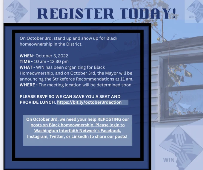 Register today - Stand up and show up for Black ownership in the District. October 3, 2022 at 10 am RSVP: https://secure.everyaction.com/AuGZq7aEQUamYuhIwMabHw2