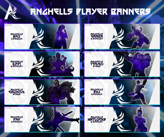 A showcase of all of the player banners OneDrapo has made for the team Anghells. There are 8 banners total.