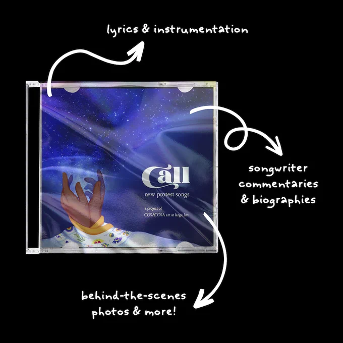 CD case in plastic wrapping with album art - starry sky emerging from outstretched hands, wrapped in a light blue quilt decorated with colorful symbols - with arrows pointing to text "lyrics & instrumentation, songwriter commentaries & biographies, behind-the-scenes photos & more!"