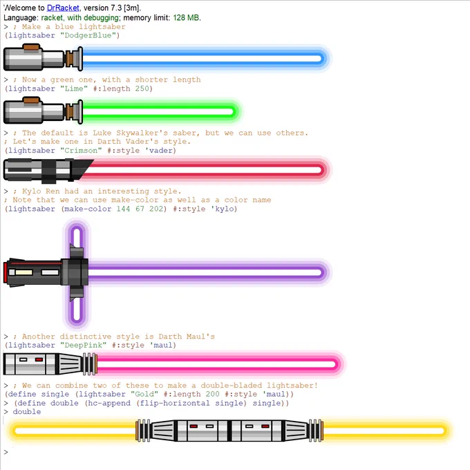 Lightsabers in Racket https://github.com/zamora/lightsaber with thanks to Justin Zamora  
Image at https://github.com/standard-fish/lightsaber