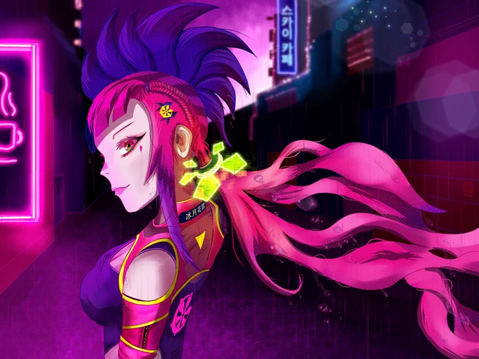 Luna Snow's Cyberpunk 2099 by me. 
Duo tone of purple and pink with a mix of punk hairstyle. Can you spot the easter eggs on here?
#LunaSnow #冰月花雪 #pixiv #黑帮火锅 #CLIPSTUDIOPAINT  
