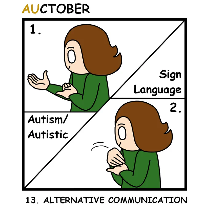 A single panel comic for Auctober split into two images titled "Alternative Communication"
In the top left part of the image there's an image labeled "1." with the words "Sign Language" to the right. Honeydew holds their left hand against their chest with the palm open and facing up. Their right hand is held out with their hand open with the palm facing up.
In the bottom right part of the image there's an image labeled "2." with the words "Autism/Autistic" to the left. Honeydew's right hand moves in an arc to where their left hand and chest meet, with the thumb and fingers of the right hand meeting at a point.
