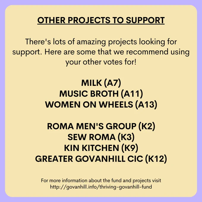OTHER PROJECTS TO SUPPORT
There's lots of amazing projects looking for support. Here are some that we recommend using your other votes for!
MILK (A7)
MUSIC BROTH (A11)
WOMEN ON WHEELS (A13)

ROMA MEN'S GROUP (K2)
SEW ROMA (K3)
KIN KITCHEN (K9)
GREATER GOVANHILL CIC (K12)
For more information about the fund and projects visit http://govanhill.info/thriving-govanhill-fund