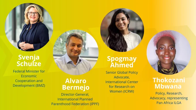 Grafik mit den Porträts der am Panel teilnehmenden Gäste: Ministerin Svenja Schulze, Alvaro Bermejo, Spogmay Ahmed und Thokozani Mbwana.