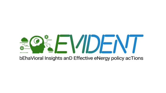 White image with green and blue EVIDENT logo. Tagline reads: ‘Behaviora Insights and Effective Energy policy actions’.