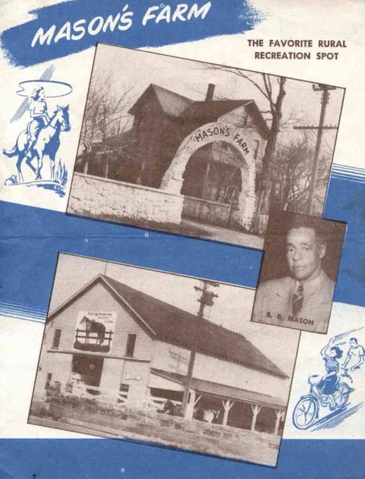 Blue and white pamphlet cover. Titled "Mason's Farm, the favorite rural recreation spot." Along with stock images of a woman on horseback and a man and woman on bicycles, the cover shows photos of the archway entrance to the farm, a head shot of Benny Mason, and the barn that housed the clubhouse.