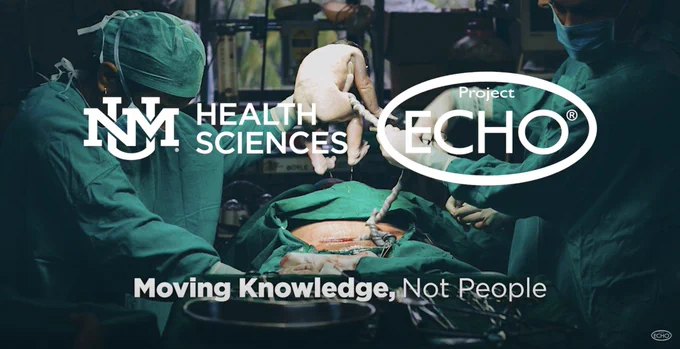 Displays a cesarean section with one doctor in green scrubs holding the new born baby above the mother, and the other doctor clamping and cutting the umbilical cord. The University of New Mexico Health Sciences Project ECHO logo is displayed over the image with the words "Moving Knowledge, Not People"