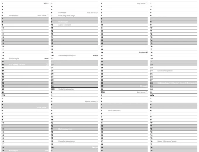 02023 wall calendar poster. 4-columns, one for each quarter.