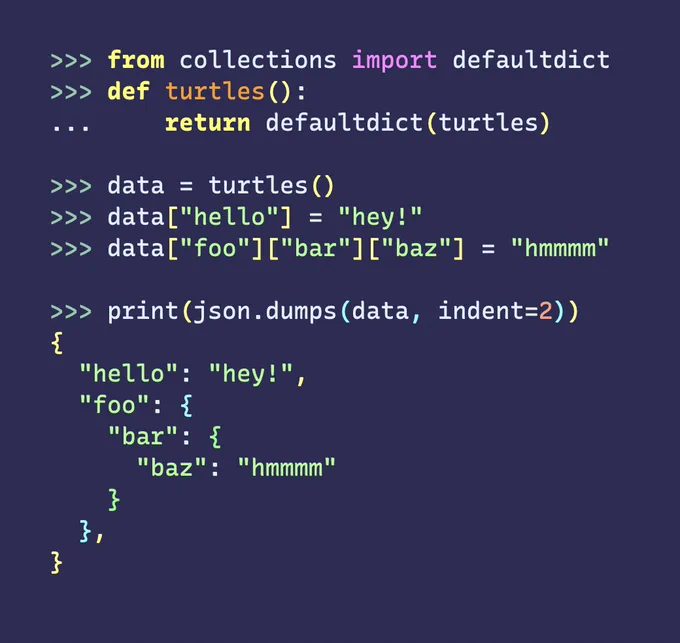 Demonstration of recursive dict construction with defaultdict.  Full text at https://gist.github.com/94b74dfced04208921ca65592a163e51